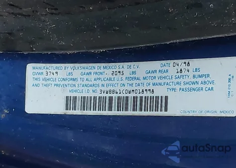 1998 Volkswagen New Beetle from USA, damaged, VIN 3VWBB61C0WM018998